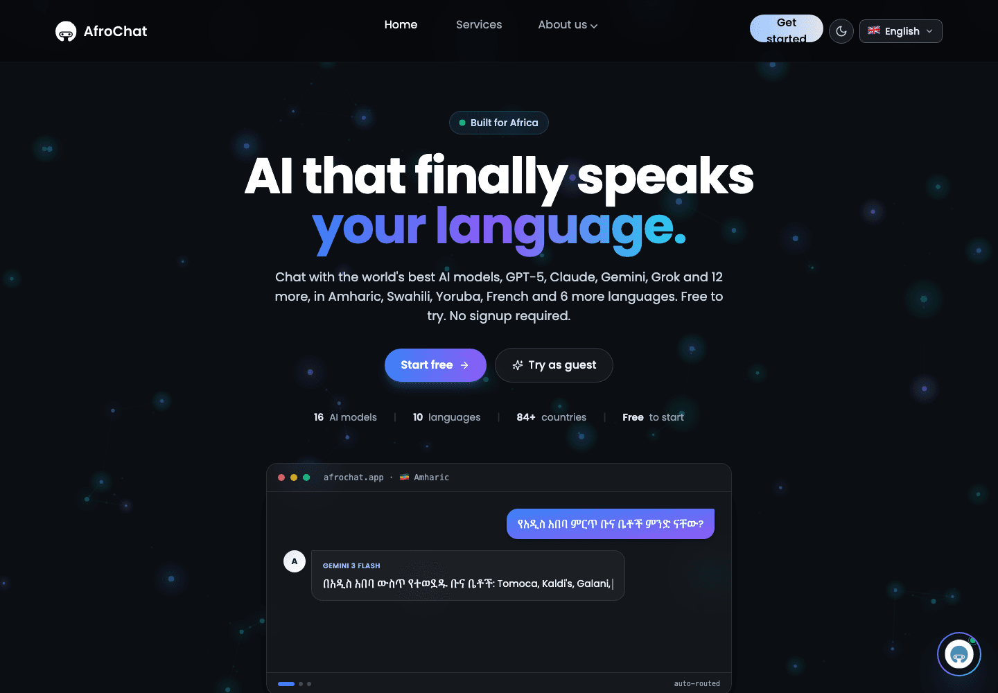 AfroChat AI product interface showing multilingual AI capability